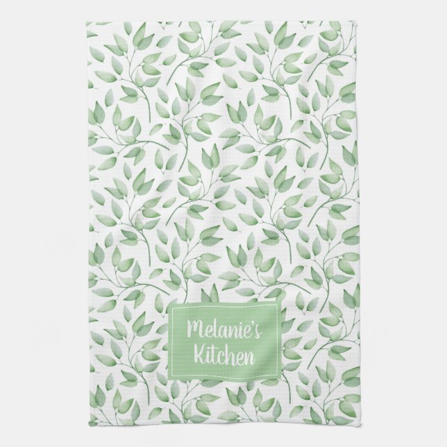 Linge De Cuisine Feuilles personnalisés à Sage Green (Vertical)