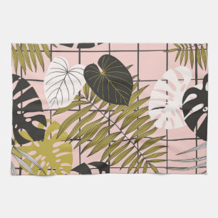 Linge De Cuisine Feuilles tropicaux, fleurs, motif peint à la main.