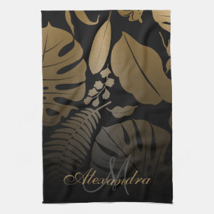 Linge De Cuisine Feuilles tropicaux Noir et Or