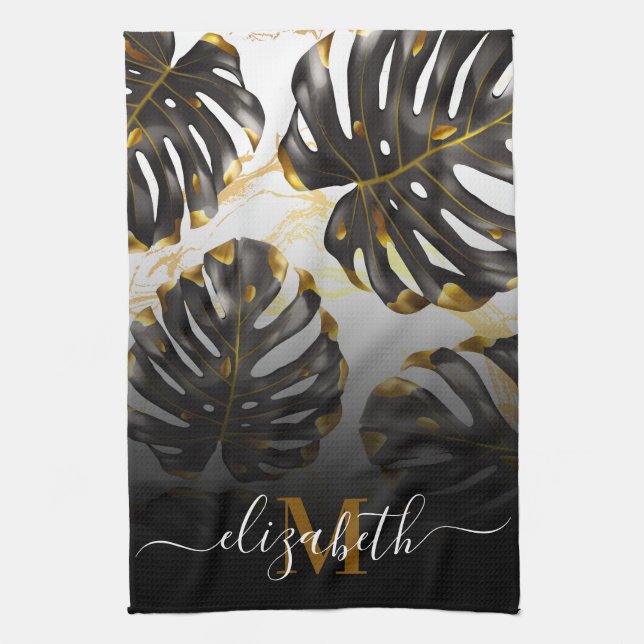 Linge De Cuisine Feuilles tropicaux noirs et dorés (Vertical)