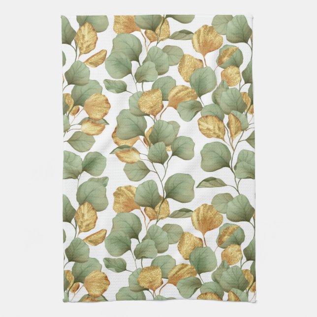 Linge De Cuisine Feuilles verts et or. Motif (Vertical)