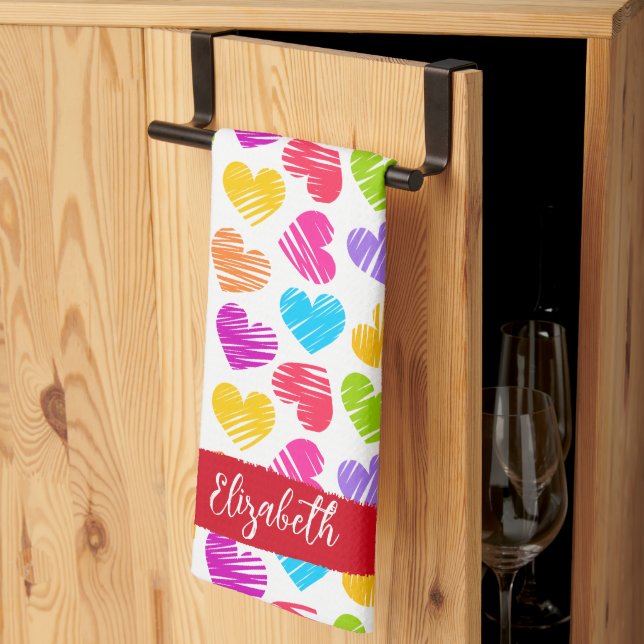 Linge De Cuisine Fille moderne Vibrant Doodled Hearts Nom du Motif (Pliage en tiers)