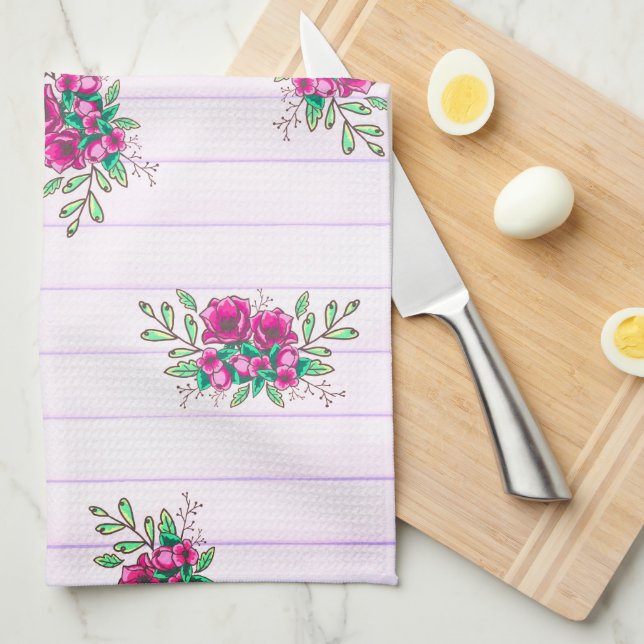 Linge De Cuisine Fille Pink Floral Doodles & Pink Stripes Bonjour (Quart Plié)