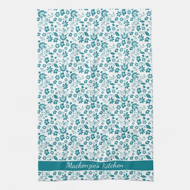 Linge De Cuisine Fille Tropicale Turquoise Turquoise Fleurs (Vertical)