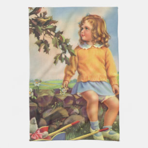 Linge De Cuisine Fille Vintage Regardant des Oiseaux dans un Arbre,