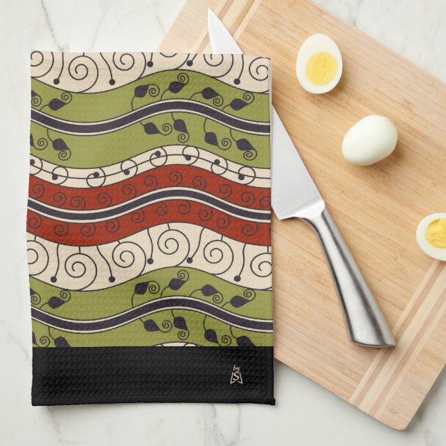 Linge De Cuisine Fils et vagues en rouge, vert + crème (Monogramme) (Quart Plié)