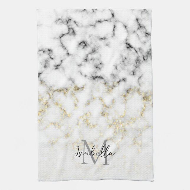 Linge De Cuisine Flacon brillant en marbre noir et blanc Monogramme (Vertical)