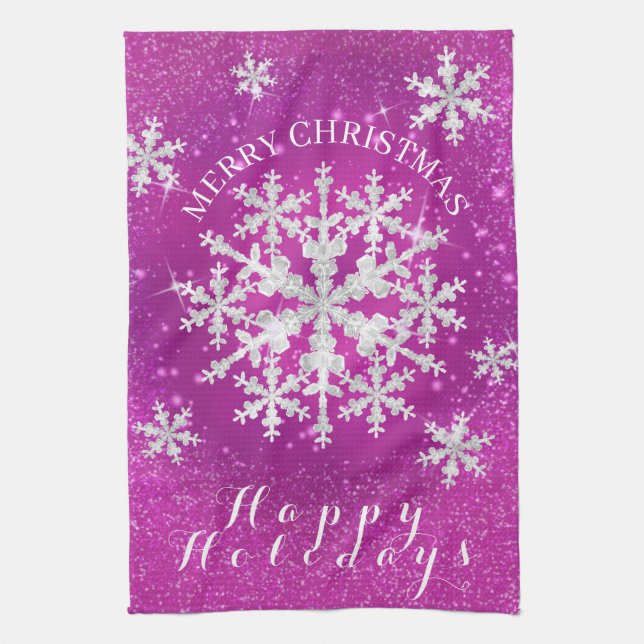 Linge De Cuisine Flacons de neige Magenta Blanc (Vertical)