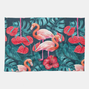 Linge De Cuisine Flamant rose et aquarelle du jardin tropical