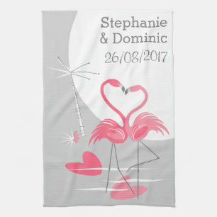 Linge De Cuisine Flamant rose Love Grosse Lune Noms Date verticale