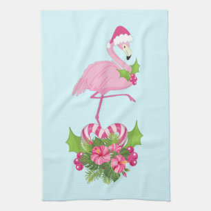 Linge De Cuisine Flamant rose rose à Santa Hat Noël Whimsical