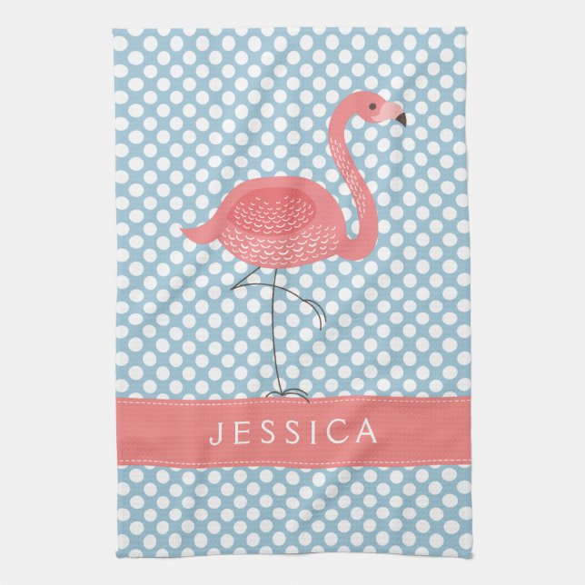 Linge De Cuisine Flamant rose Rose Avec Polkadot Bleu Et Blanc (Vertical)
