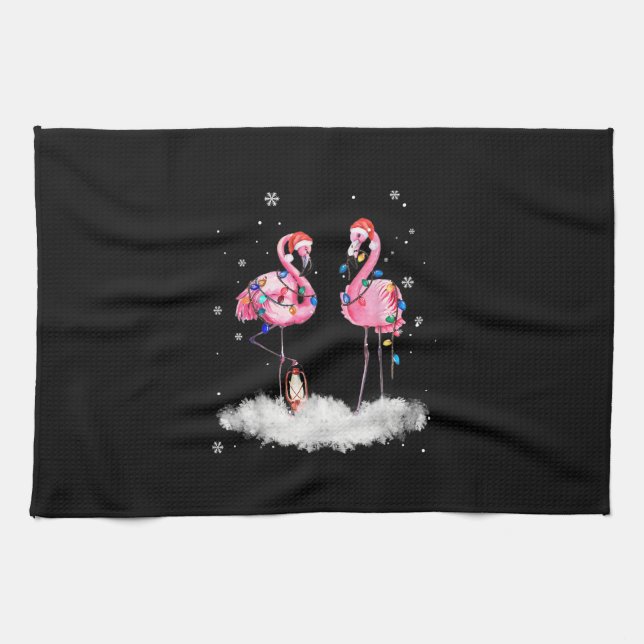 Linge De Cuisine Flamant rose sapin de Noël Santa Hat Lumière (Horizontal)