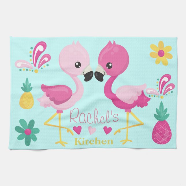 Linge De Cuisine Flamant rose Tropical bleu et rose (Horizontal)