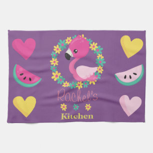 Linge De Cuisine Flamant rose tropical coeur rose violet et jaune