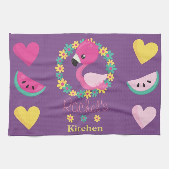 Linge De Cuisine Flamant rose tropical coeur rose violet et jaune (Horizontal)
