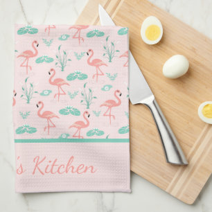 Linge De Cuisine Flamants roses monogrammés feuilles de palmier ver