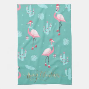 Linge De Cuisine Flamants roses Santa Hat présente des flocons de n
