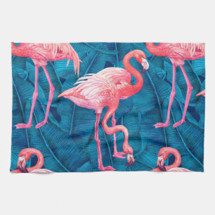 Linge De Cuisine Flamants roses sur feuilles de bananes bleues