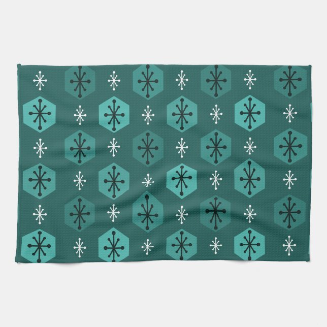 Linge De Cuisine Flammes de neige de Noël rétro Turquoise (Horizontal)