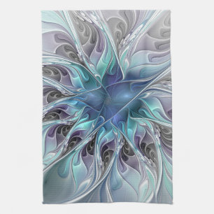 Linge De Cuisine Fleur Abstraite Fractale Moderne Avec Bleu