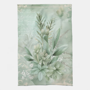 Linge De Cuisine Fleur botanique verte menthe vintage (1)