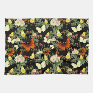 Linge De Cuisine Fleur d'Apple et papillons Arrière - plan noir