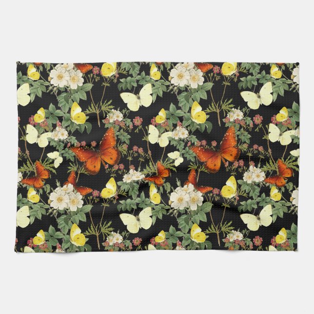 Linge De Cuisine Fleur d'Apple et papillons Arrière - plan noir (Horizontal)