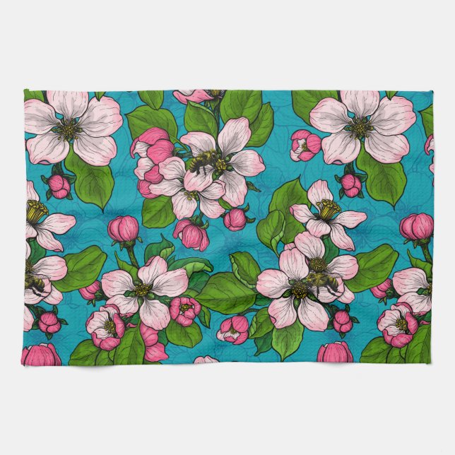 Linge De Cuisine Fleur d'Apple sur le turquoise (Horizontal)