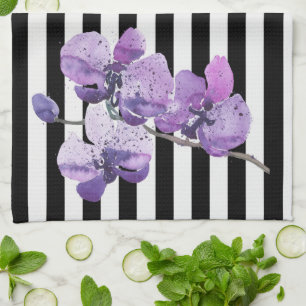 Linge De Cuisine Fleur d'aquarelle violette à rayures d'orchidées