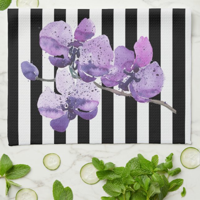Linge De Cuisine Fleur d'aquarelle violette à rayures d'orchidées (Plié)