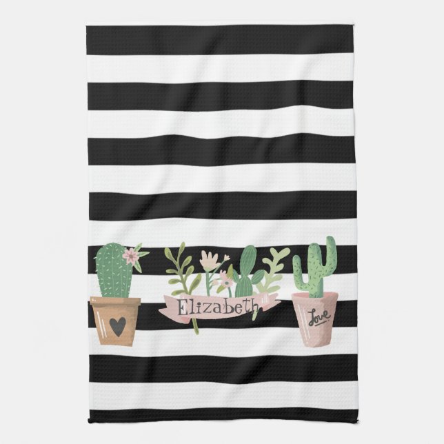Linge De Cuisine Fleur de cactus Blancs noirs (Vertical)