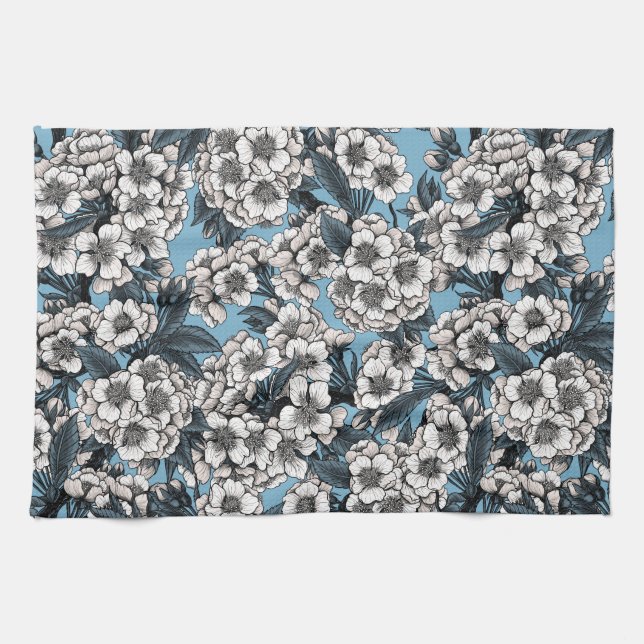 Linge De Cuisine Fleur de cerisiers en blanc et bleu (Horizontal)