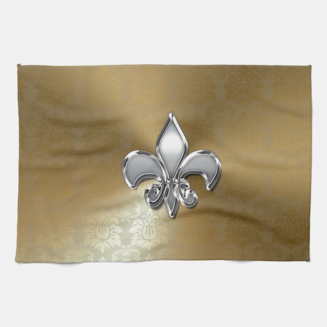 Linge De Cuisine Fleur-De-Lis Argent sur Damas Or (Horizontal)