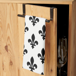Linge De Cuisine Fleur de Lis Motif, Royal French, Noir sur Blanc