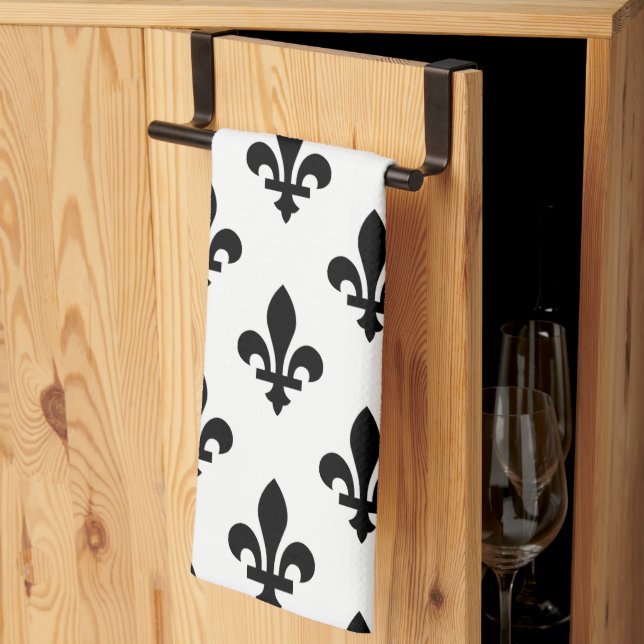 Linge De Cuisine Fleur de Lis Motif, Royal French, Noir sur Blanc (Pliage en tiers)