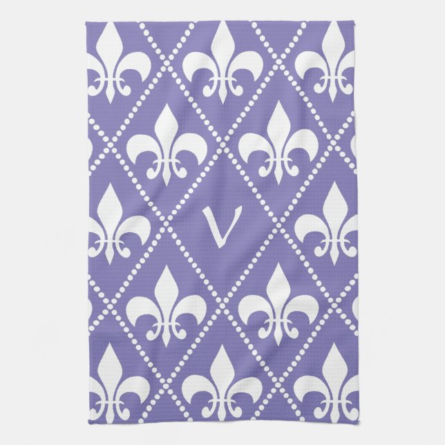 Linge De Cuisine Fleur de Lis violet brillant avec initiale monogra (Vertical)