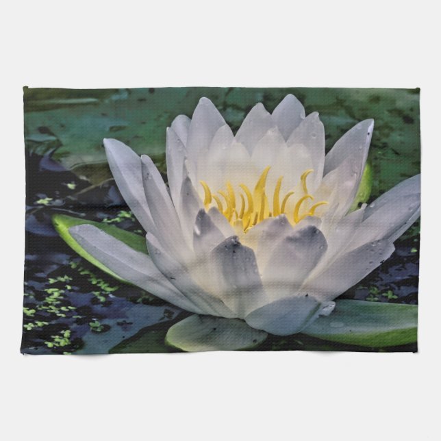 Linge De Cuisine Fleur de Lotus blanc brillant (Horizontal)