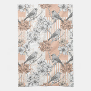 Linge De Cuisine Fleur de Oiseau Vintage Rayure Toile (5)