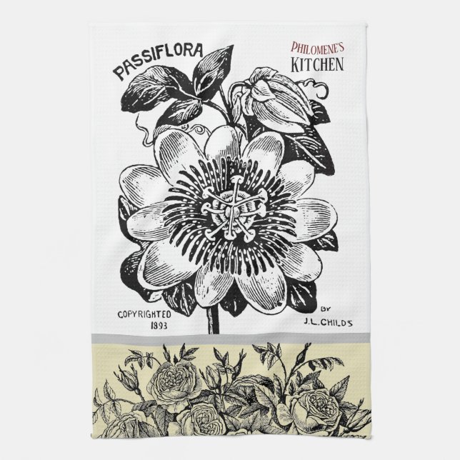 Linge De Cuisine Fleur de passion antique - Votre choix de texte (Vertical)