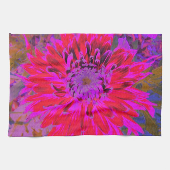 Linge De Cuisine Fleur Magenta Abstraite, violette et dahlia rouge (Horizontal)