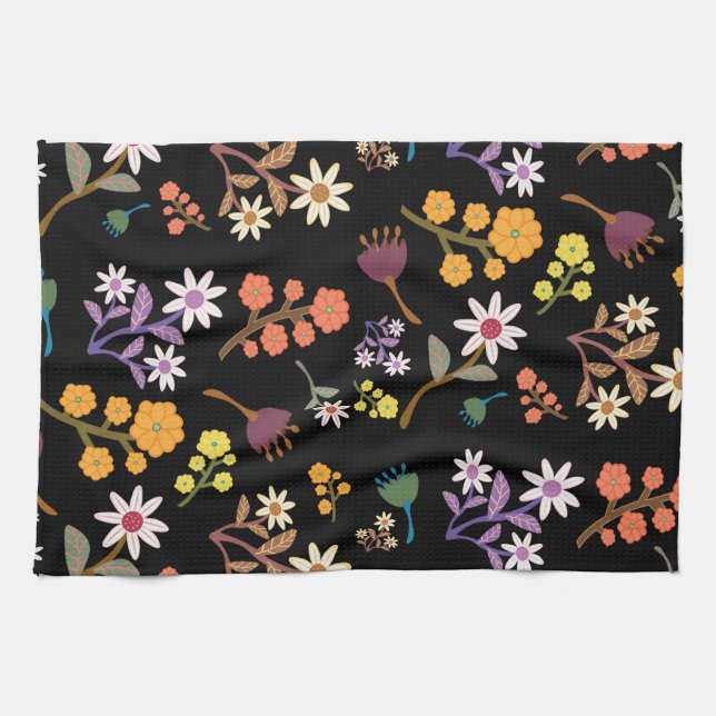 Linge De Cuisine Fleur noir  (Horizontal)