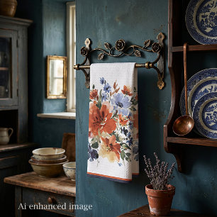 Linge De Cuisine Fleur orange et bleu à l'aquarelle