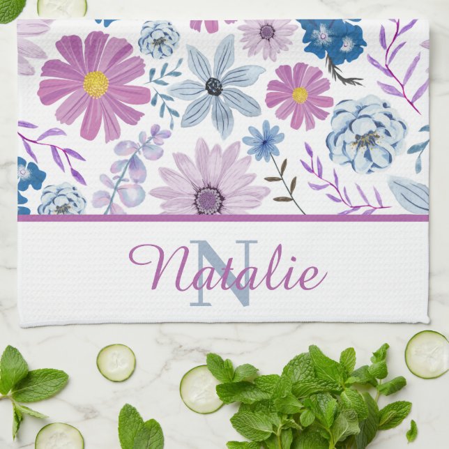 Linge De Cuisine Fleur rose bleu vif personnalisée (Plié)