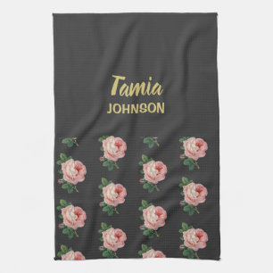 Linge De Cuisine Fleur rose nom personnalisé gris