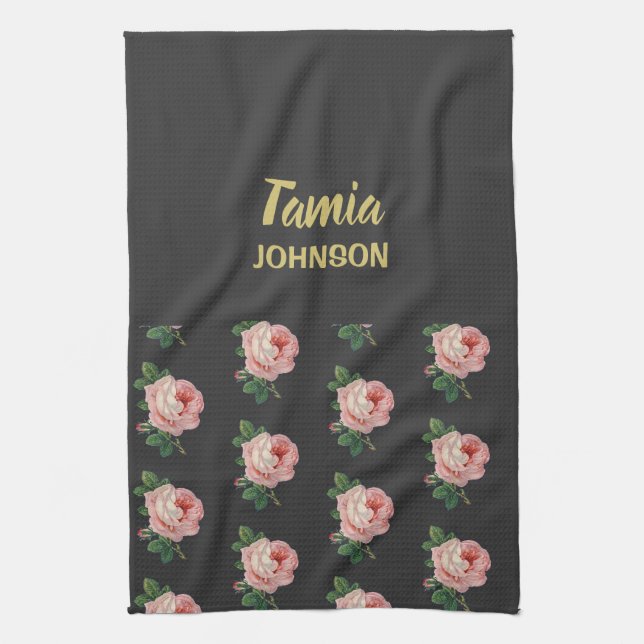 Linge De Cuisine Fleur rose nom personnalisé gris (Vertical)