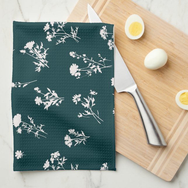 Linge De Cuisine Fleur sauvage de prairie motif délicate - turquois (Quart Plié)