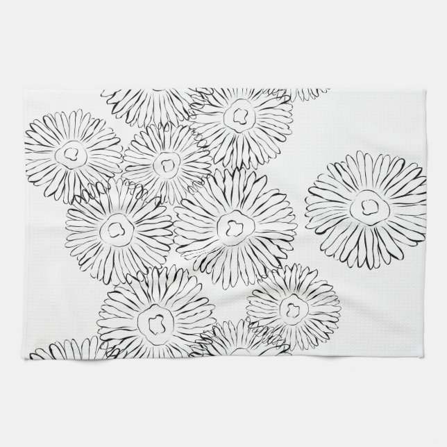 Linge De Cuisine Fleurs abstraites de printemps noir et blanc (Horizontal)