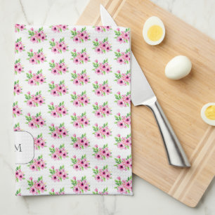 Linge De Cuisine Fleurs aquarelles roses jolies monogrammées