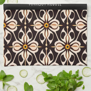 Linge De Cuisine Fleurs Batik Beige Jaune Motif Floral